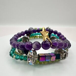 Vintage 80s Amethyst Crystal Stackable Bracelets Set Purple Green Accent Jewelry
